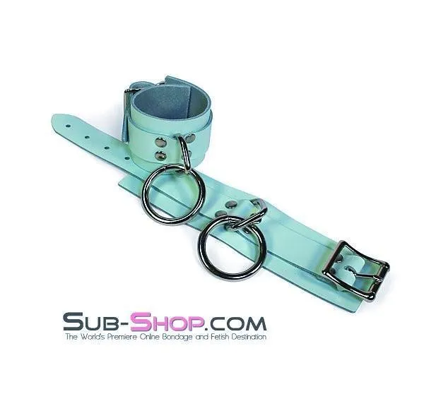 0989A      I Like It Rough Retro Mint Green Leather Bondage Wrist Cuffs