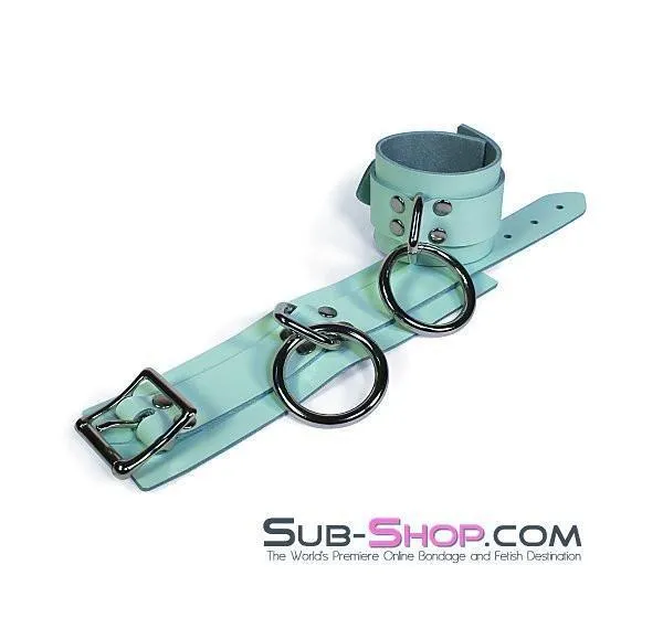 0989A      I Like It Rough Retro Mint Green Leather Bondage Wrist Cuffs