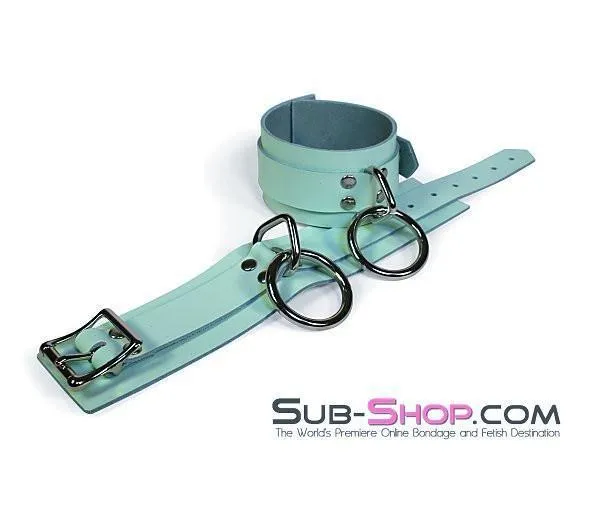 0989A      I Like It Rough Retro Mint Green Leather Bondage Wrist Cuffs