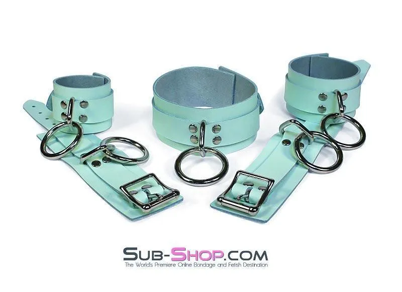 0989A      I Like It Rough Retro Mint Green Leather Bondage Wrist Cuffs