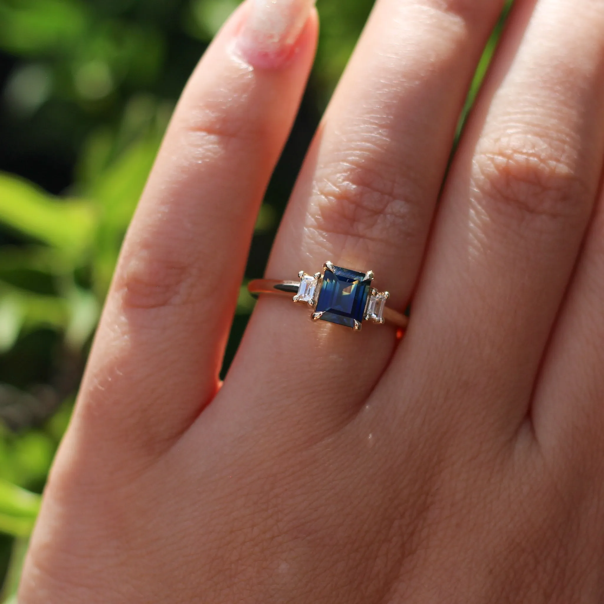 1.37ct Trilogy Emerald Cut Blue Sapphire Ring