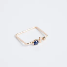 14 Karat Gold Geometric Gemstone Square Ring with Blue Sapphire, Ball, and Bar