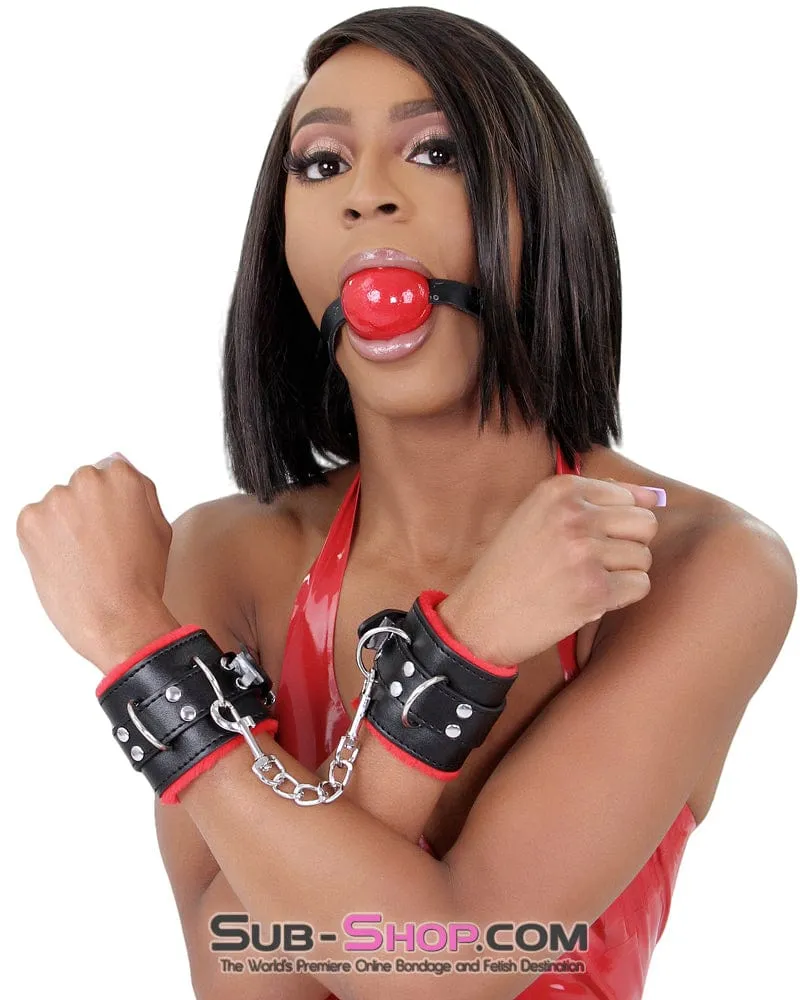 1536M      Plush Cuffs Locking Fur Lined Red & Black Wrist Bondage Cuffs