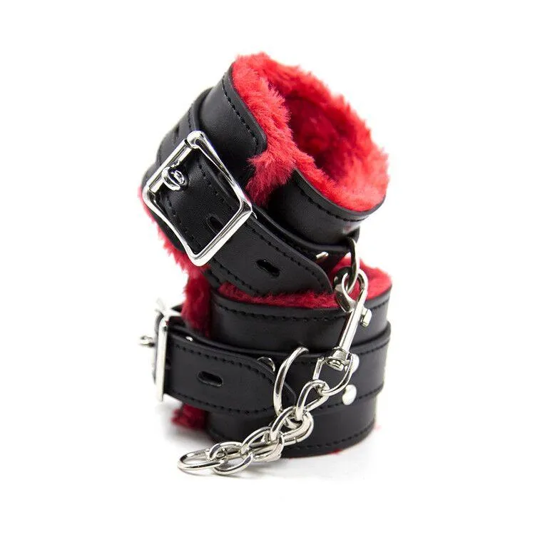 1536M      Plush Cuffs Locking Fur Lined Red & Black Wrist Bondage Cuffs