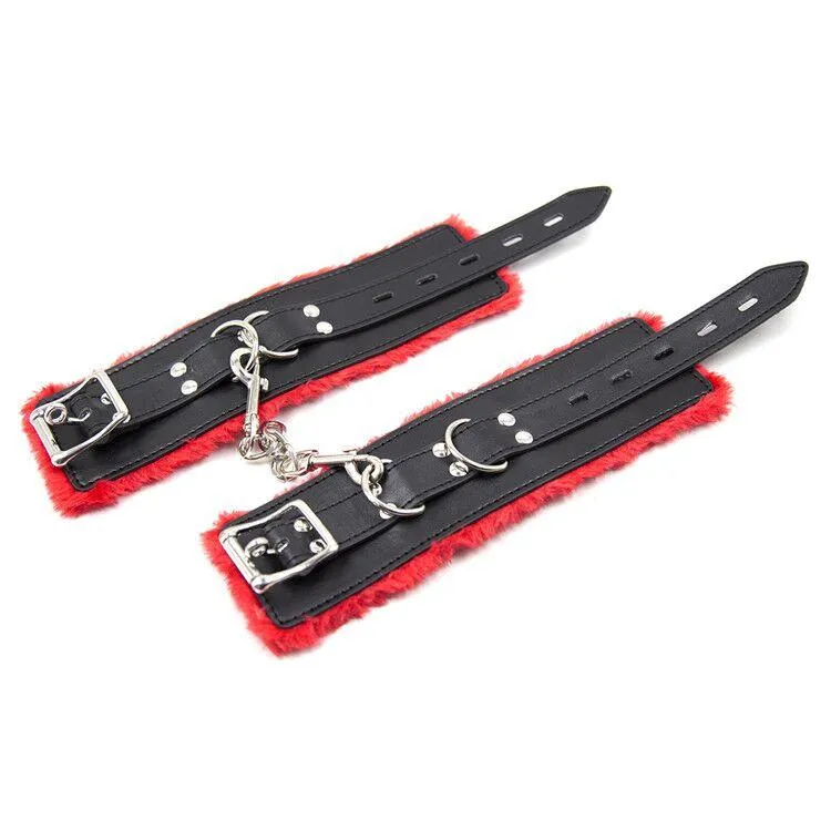 1536M      Plush Cuffs Locking Fur Lined Red & Black Wrist Bondage Cuffs