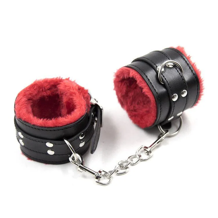 1536M      Plush Cuffs Locking Fur Lined Red & Black Wrist Bondage Cuffs