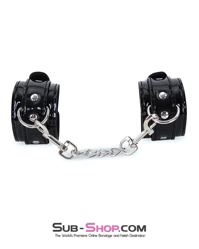 7872RS      Shiny Patent Vegan Leather Black Wrist Bondage Cuffs with Chains