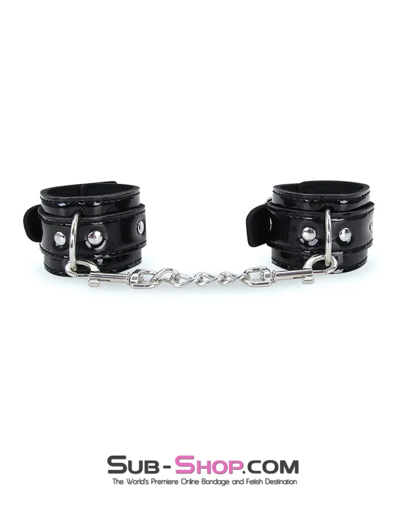 7872RS      Shiny Patent Vegan Leather Black Wrist Bondage Cuffs with Chains