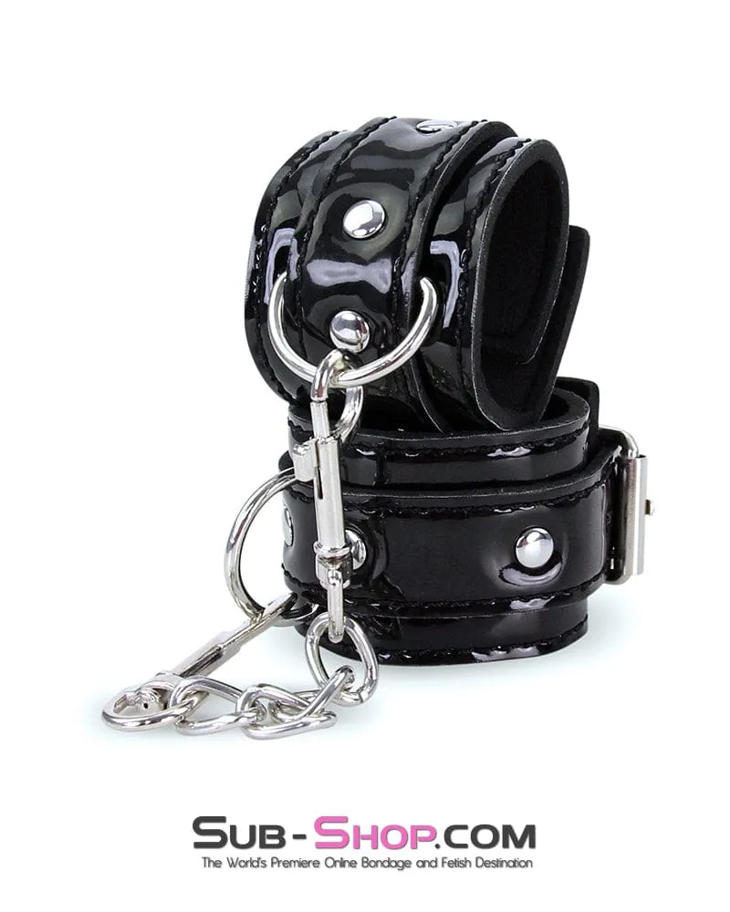 7872RS      Shiny Patent Vegan Leather Black Wrist Bondage Cuffs with Chains