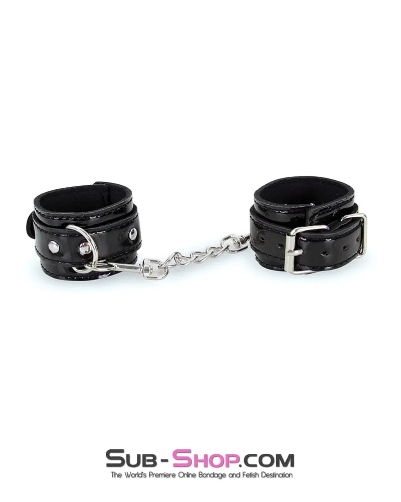 7872RS      Shiny Patent Vegan Leather Black Wrist Bondage Cuffs with Chains