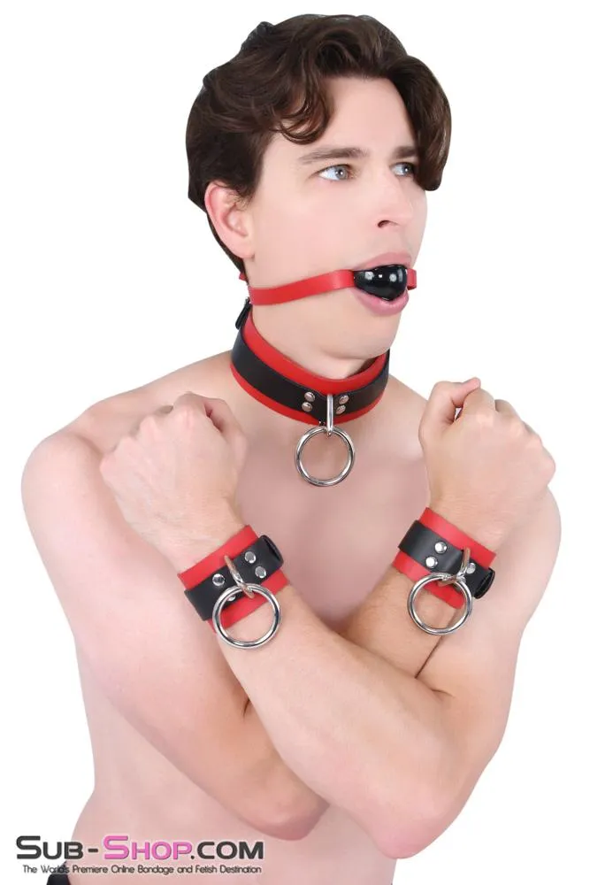 9089A      Sensual Seduction Red & Black Locking Leather Bondage Wrist Cuffs