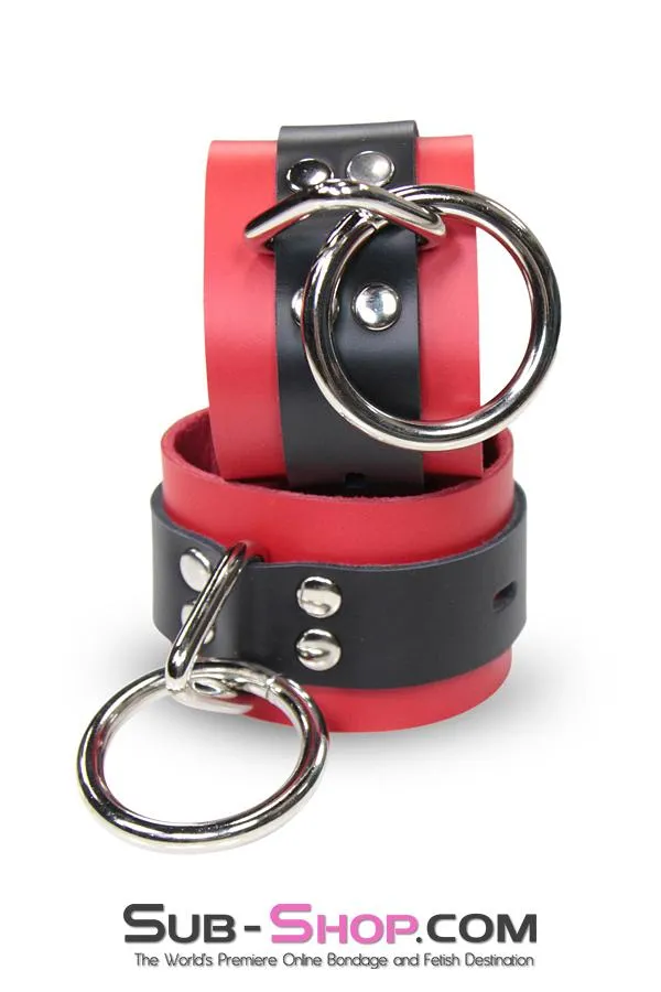 9089A      Sensual Seduction Red & Black Locking Leather Bondage Wrist Cuffs