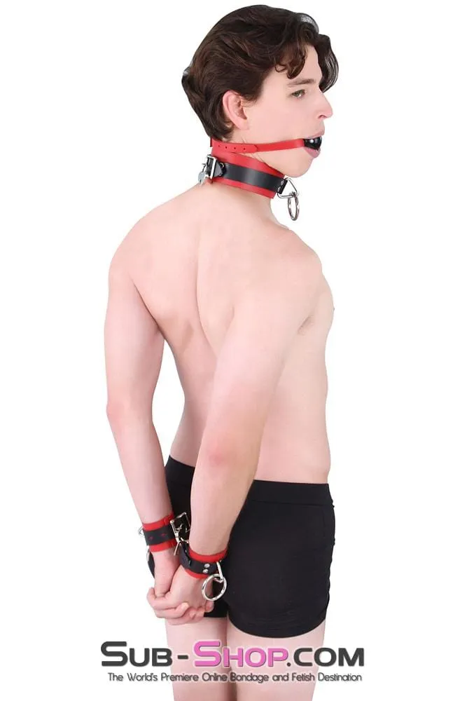 9089A      Sensual Seduction Red & Black Locking Leather Bondage Wrist Cuffs