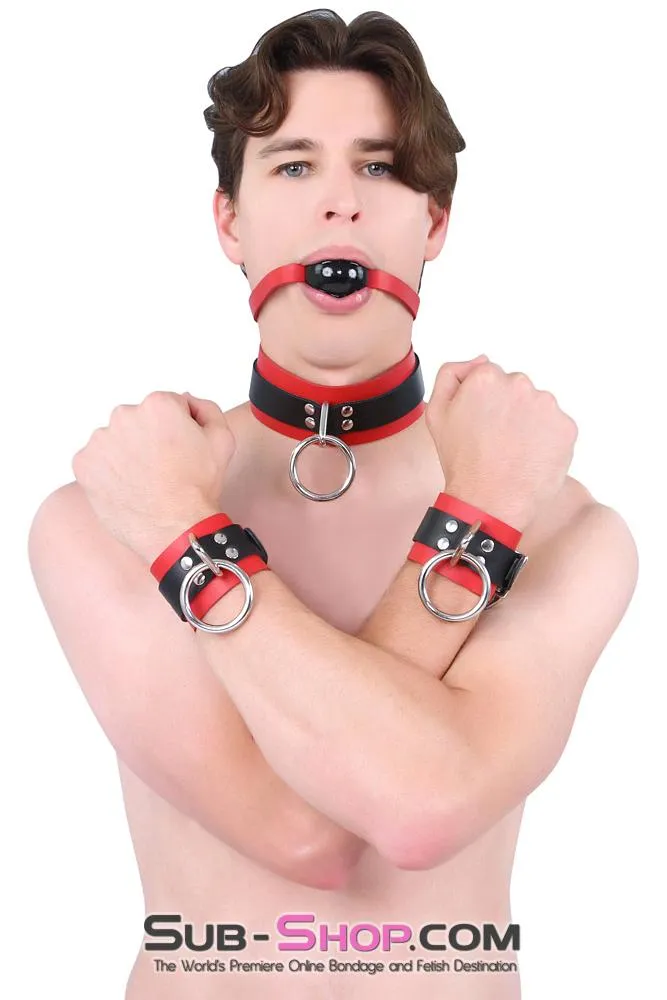 9089A      Sensual Seduction Red & Black Locking Leather Bondage Wrist Cuffs