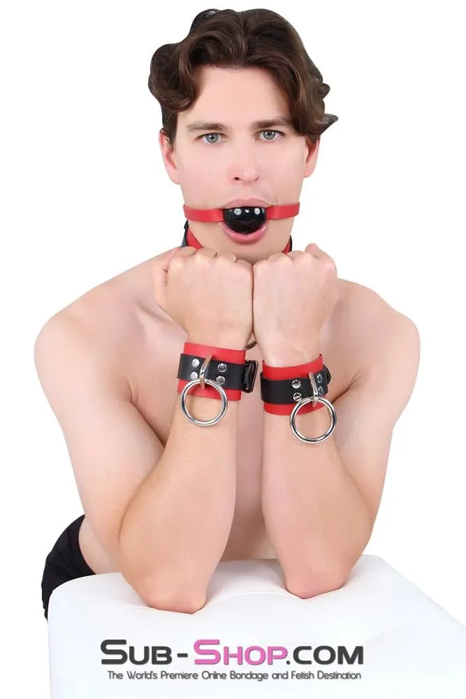 9089A      Sensual Seduction Red & Black Locking Leather Bondage Wrist Cuffs