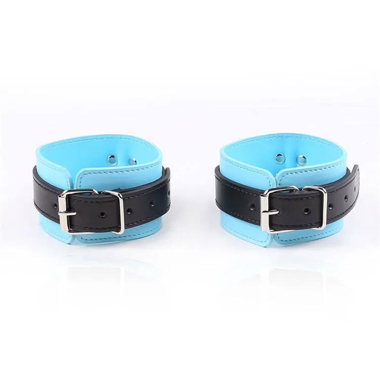 9918RS      Blue Ribbon Leatherette Wrist Bondage Cuffs and Chain Connection Set - LAST CHANCE - Final Closeout!