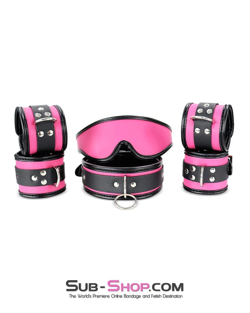 9995DL      Hot Pink 6 Piece Bondage Collar, Wrist Cuffs, Ankle Cuffs and Blindfold Set