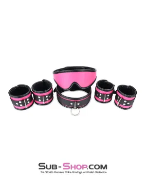 9995DL      Hot Pink 6 Piece Bondage Collar, Wrist Cuffs, Ankle Cuffs and Blindfold Set