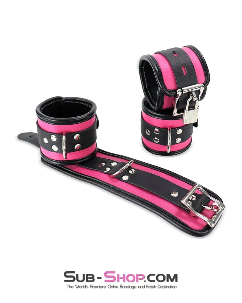 9995DL      Hot Pink 6 Piece Bondage Collar, Wrist Cuffs, Ankle Cuffs and Blindfold Set