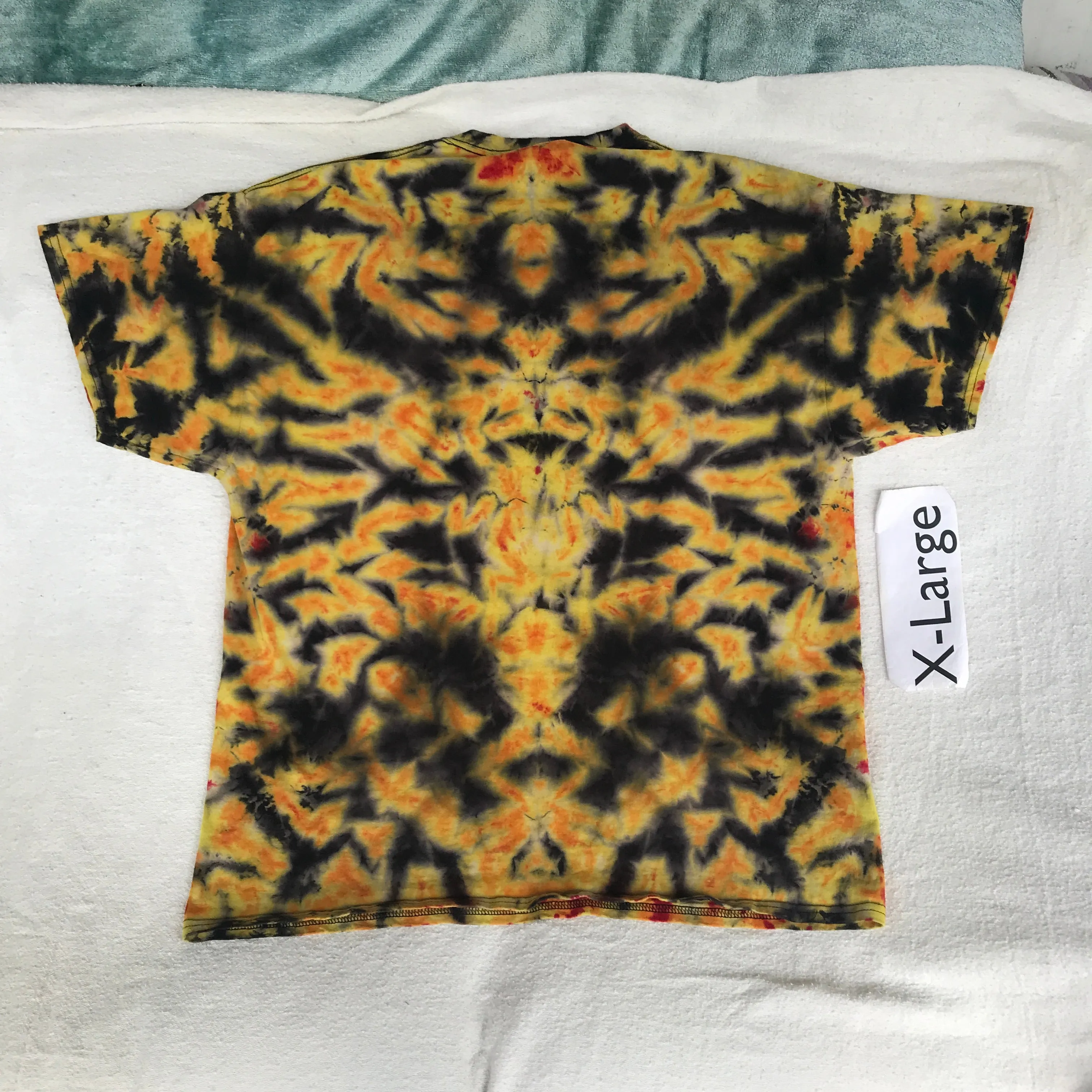 Adult XL Discharged Scrunch Tie-Dye tee in Fire Colors