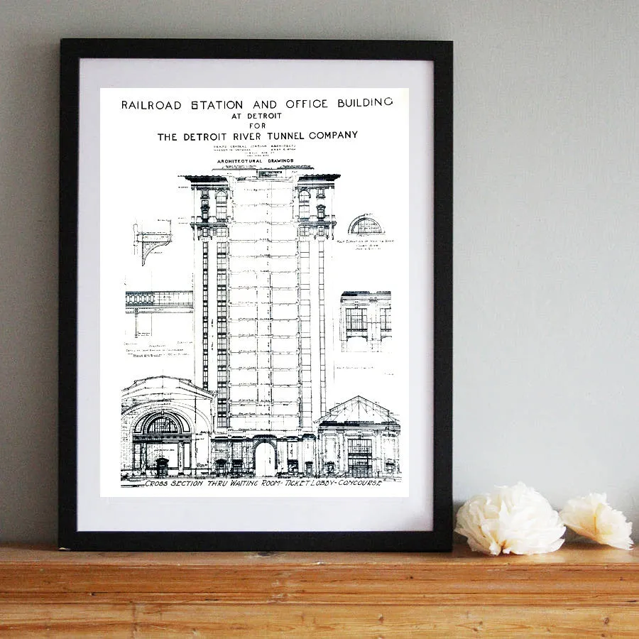 Blueprint Poster, MCS Detroit Train Station Art Print