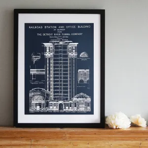 Blueprint Poster, MCS Detroit Train Station Art Print