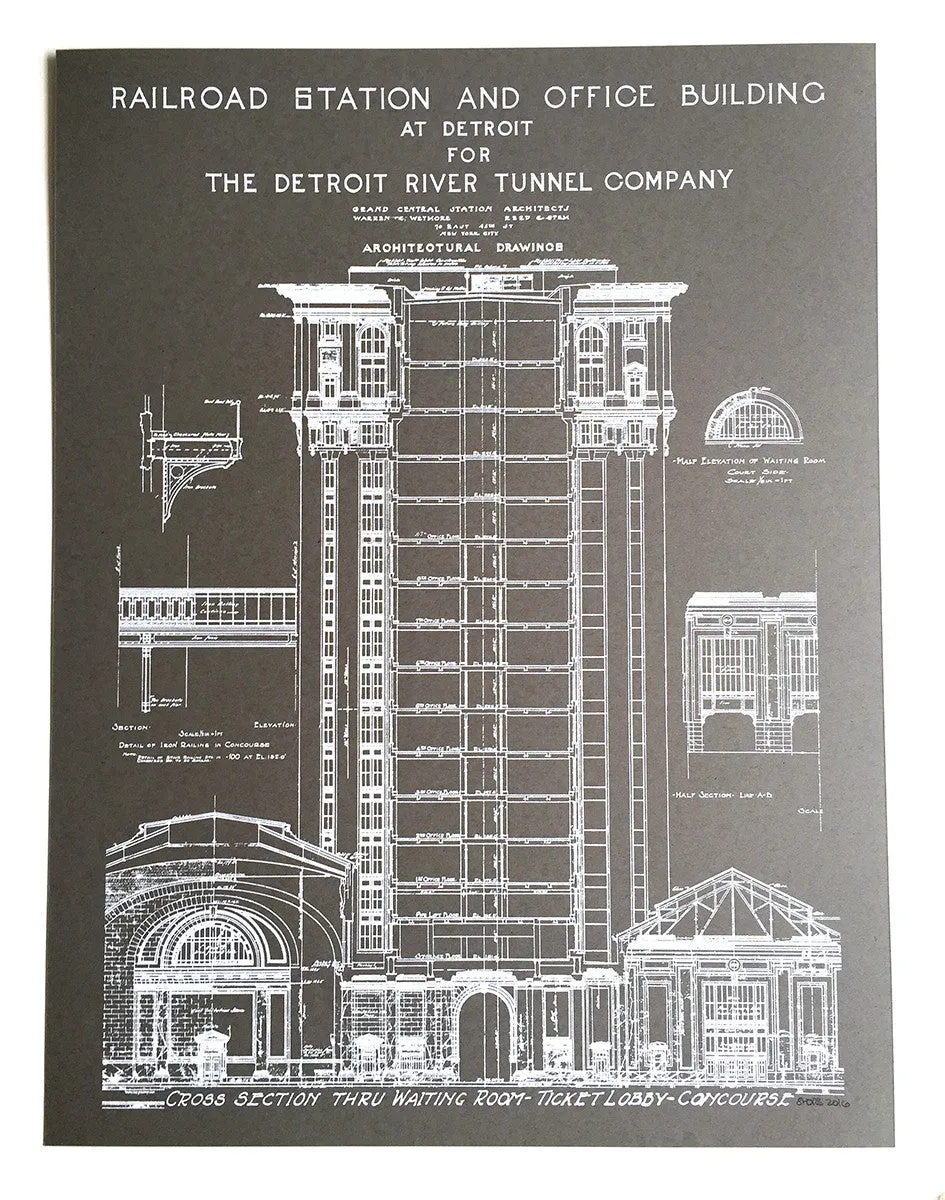 Blueprint Poster, MCS Detroit Train Station Art Print