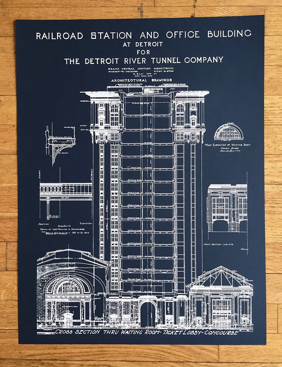 Blueprint Poster, MCS Detroit Train Station Art Print