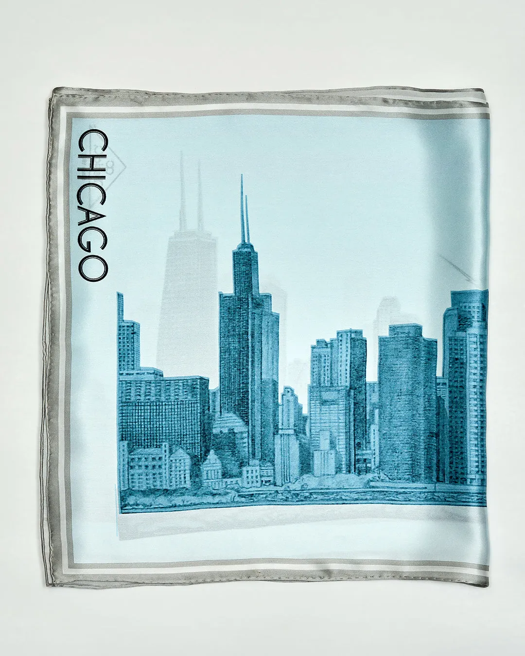 CHICAGO Skyline 100% Silk Oblong Scarf in Blue White