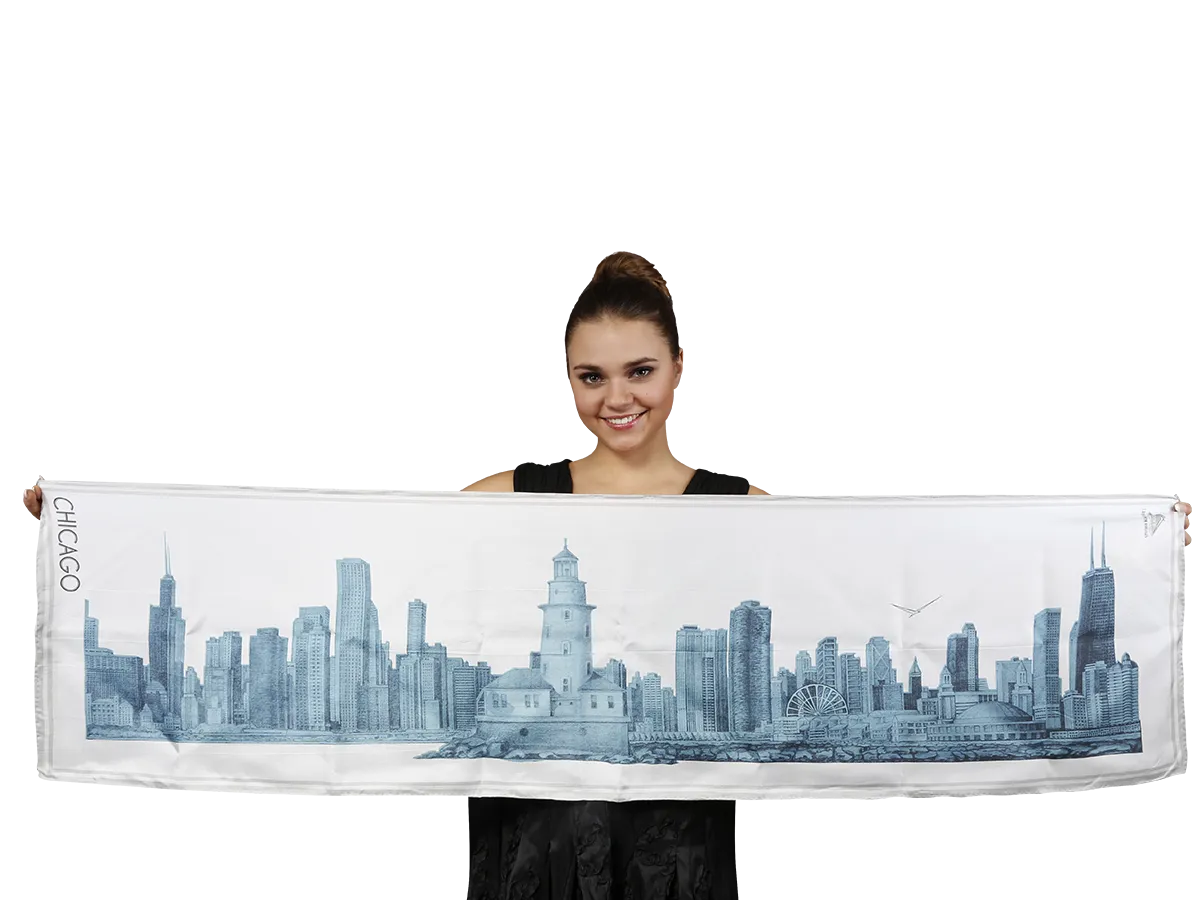 CHICAGO Skyline 100% Silk Oblong Scarf in Blue White