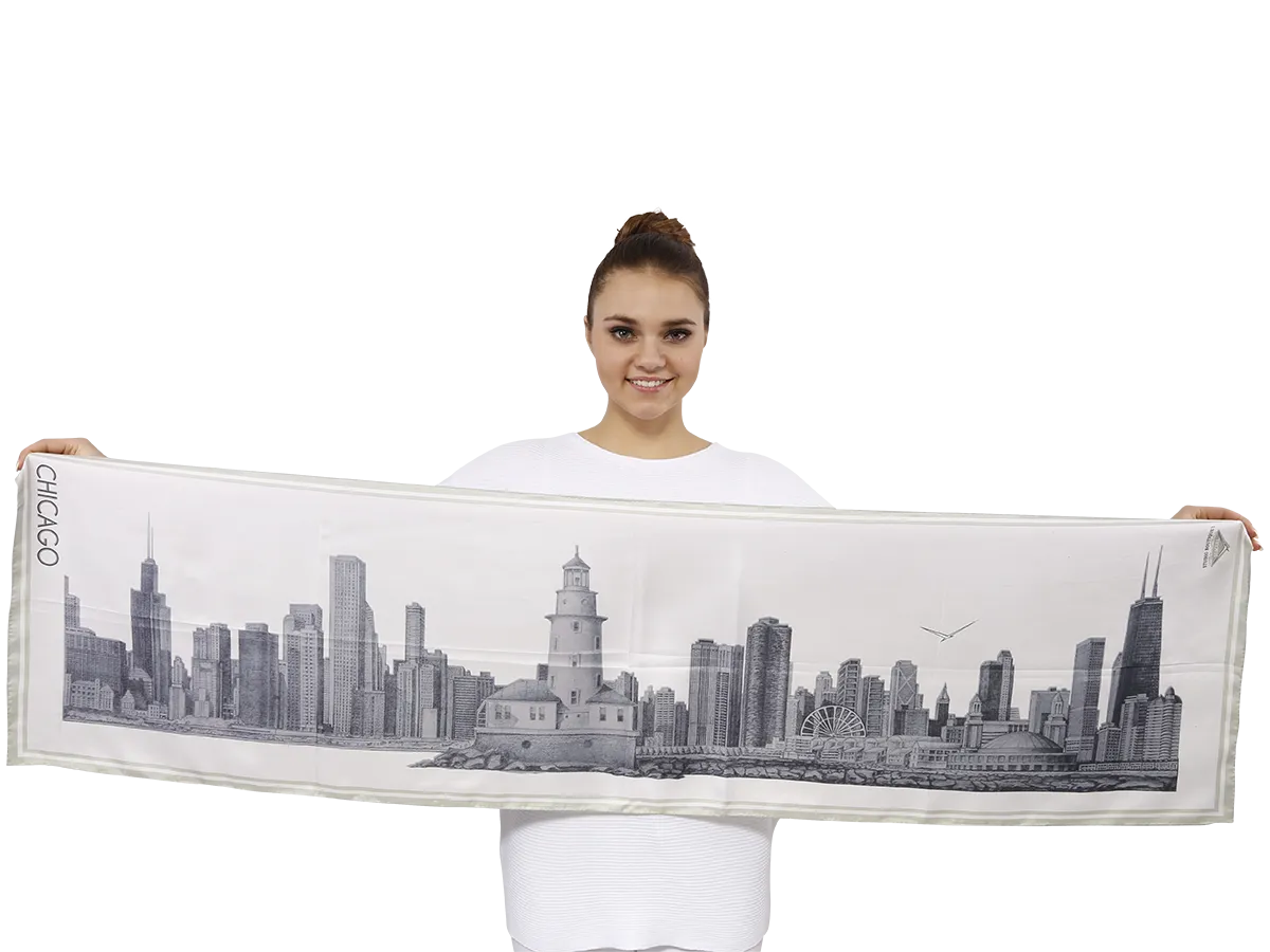 CHICAGO Skyline 100% Silk Oblong Scarf in Gray White