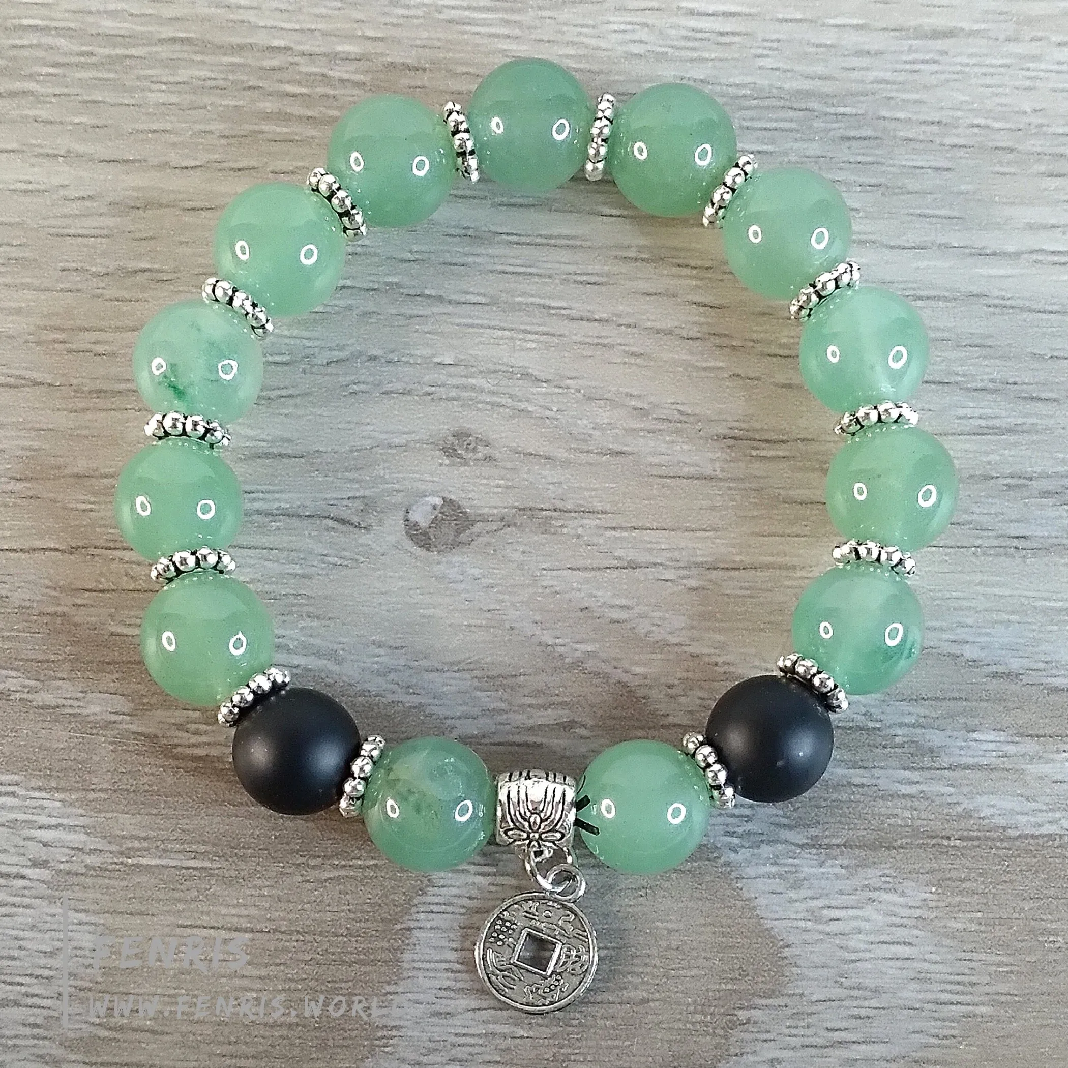 Chinoiserie Bracelet Jade Green Aventurine Silver Coin Stretch