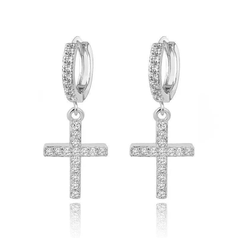 Gold Cross Dangle Earrings with White Diamond Cubic Zirconia