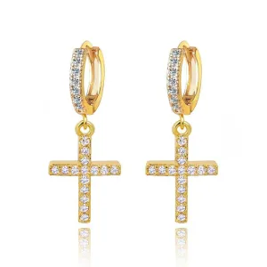 Gold Cross Dangle Earrings with White Diamond Cubic Zirconia