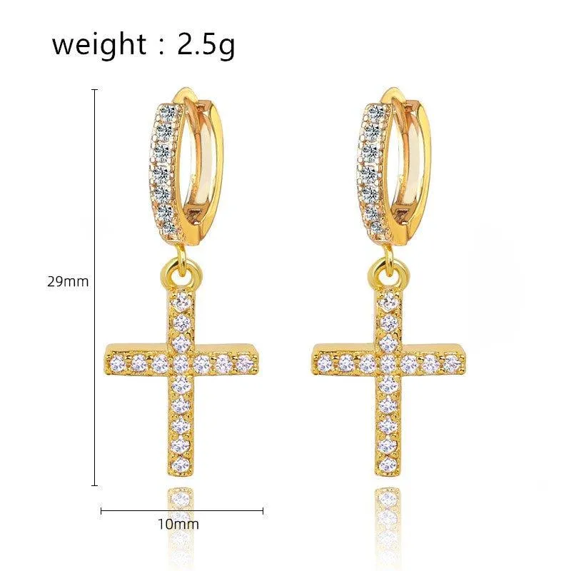 Gold Cross Dangle Earrings with White Diamond Cubic Zirconia