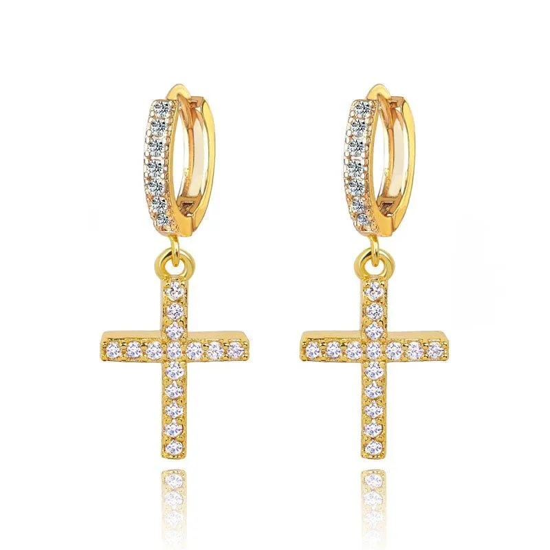 Gold Cross Dangle Earrings with White Diamond Cubic Zirconia