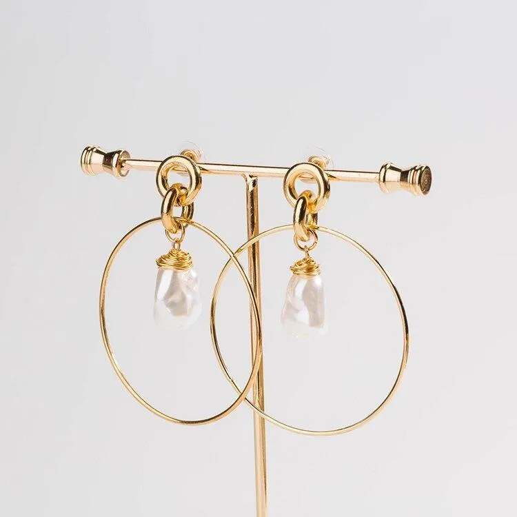 Gold Drop Hoop Earrings for Women with Simulated Pearl Drop