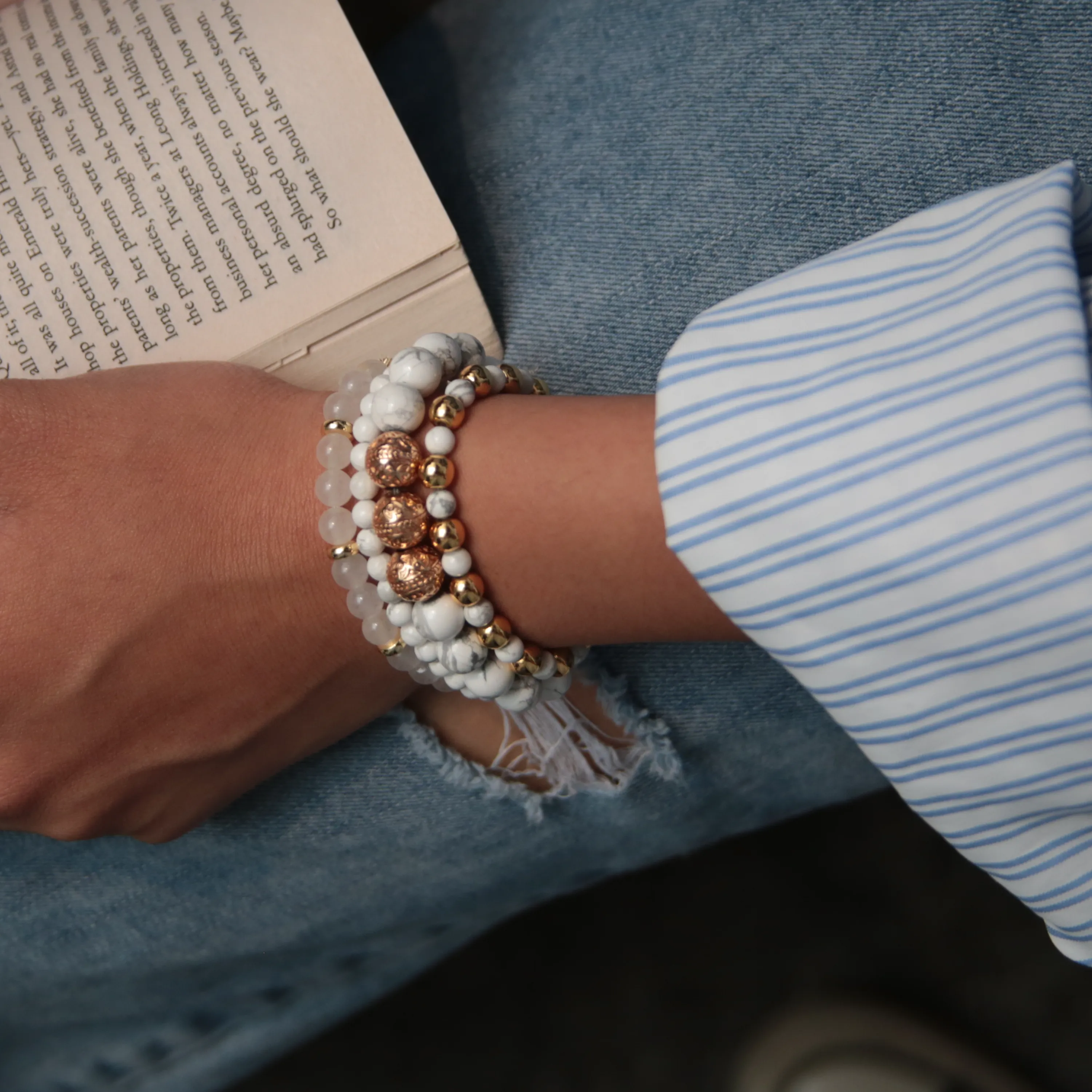 Howlite Rose Gold Bracelet with Howlite and White Jade Bracelet