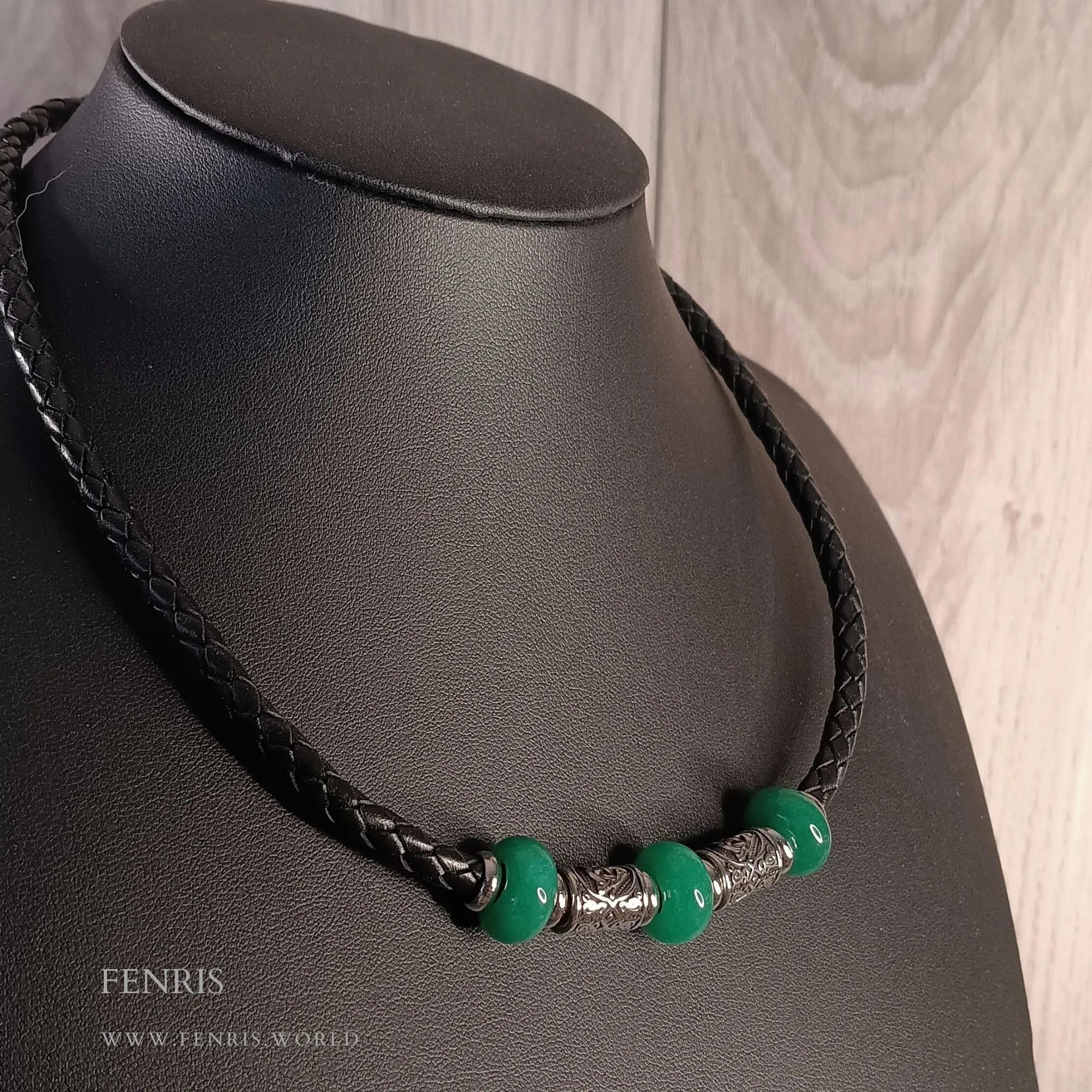 Jade Celtic Choker Necklace Silver Green Black Leather