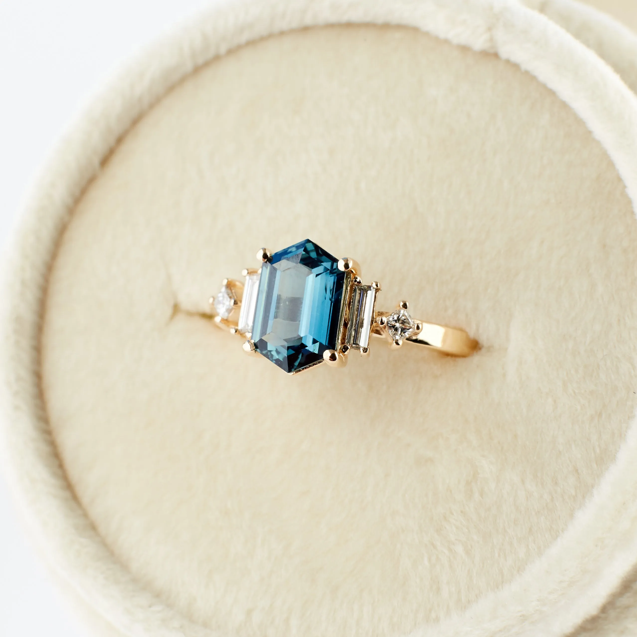 Josie Ring - 1.59 carat teal-blue hexagon shaped sapphire