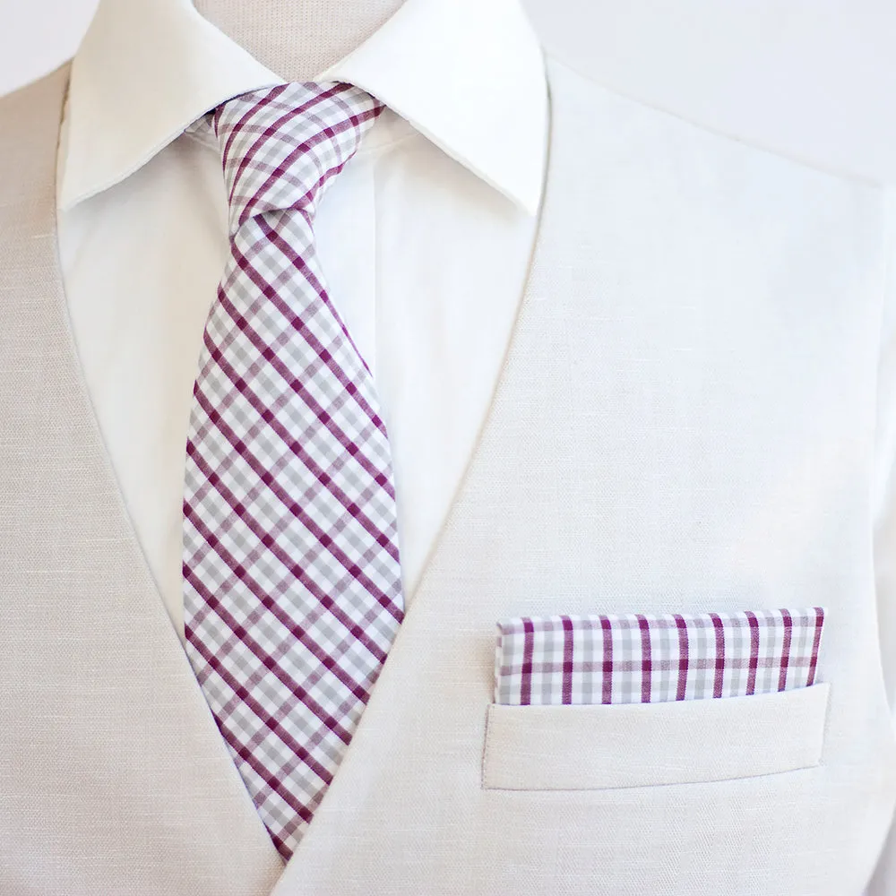 Men's Necktie / Grey And Burgundy Plaid