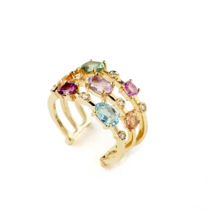 Multi coloured gemstones 18k yellow gold Triple row ring