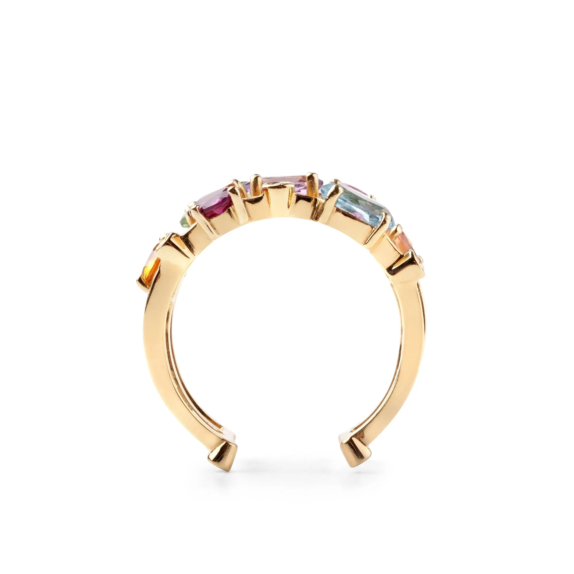 Multi coloured gemstones 18k yellow gold Triple row ring