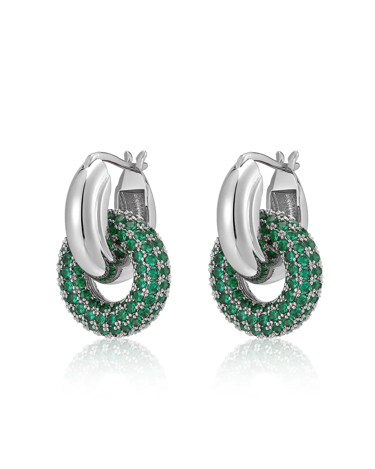 Pave Interlock Hoops- Emerald Green- Silver