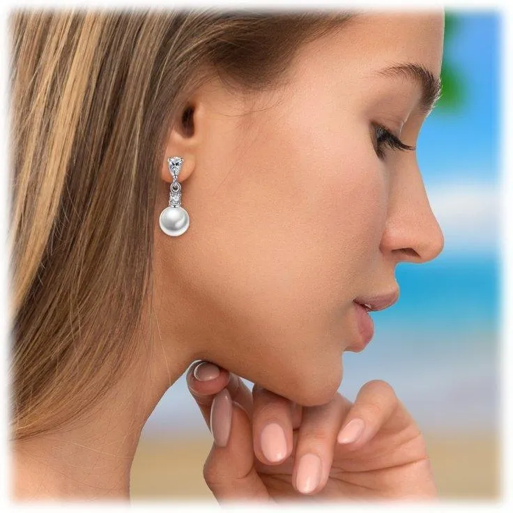 Pearl Drop Earrings in White Gold with Cubic Zirconia  Accents Earrings for Women