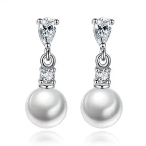 Pearl Drop Earrings in White Gold with Cubic Zirconia  Accents Earrings for Women