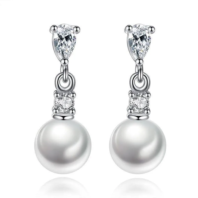 Pearl Drop Earrings in White Gold with Cubic Zirconia  Accents Earrings for Women