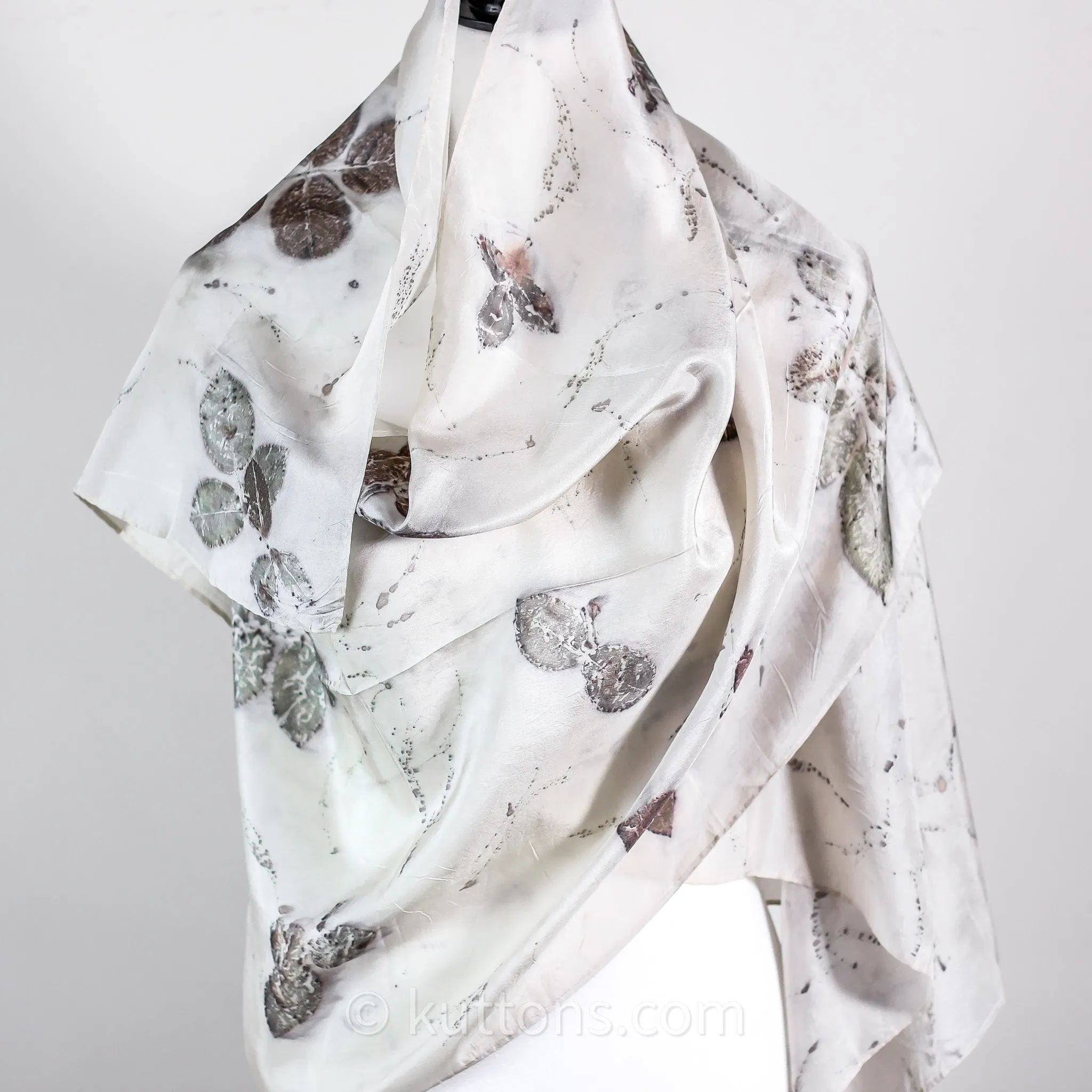 Pure Mulberry Silk Stole - Eco Printed with Rose Leaves, Featherweight Scarf | Brown, 21x72"