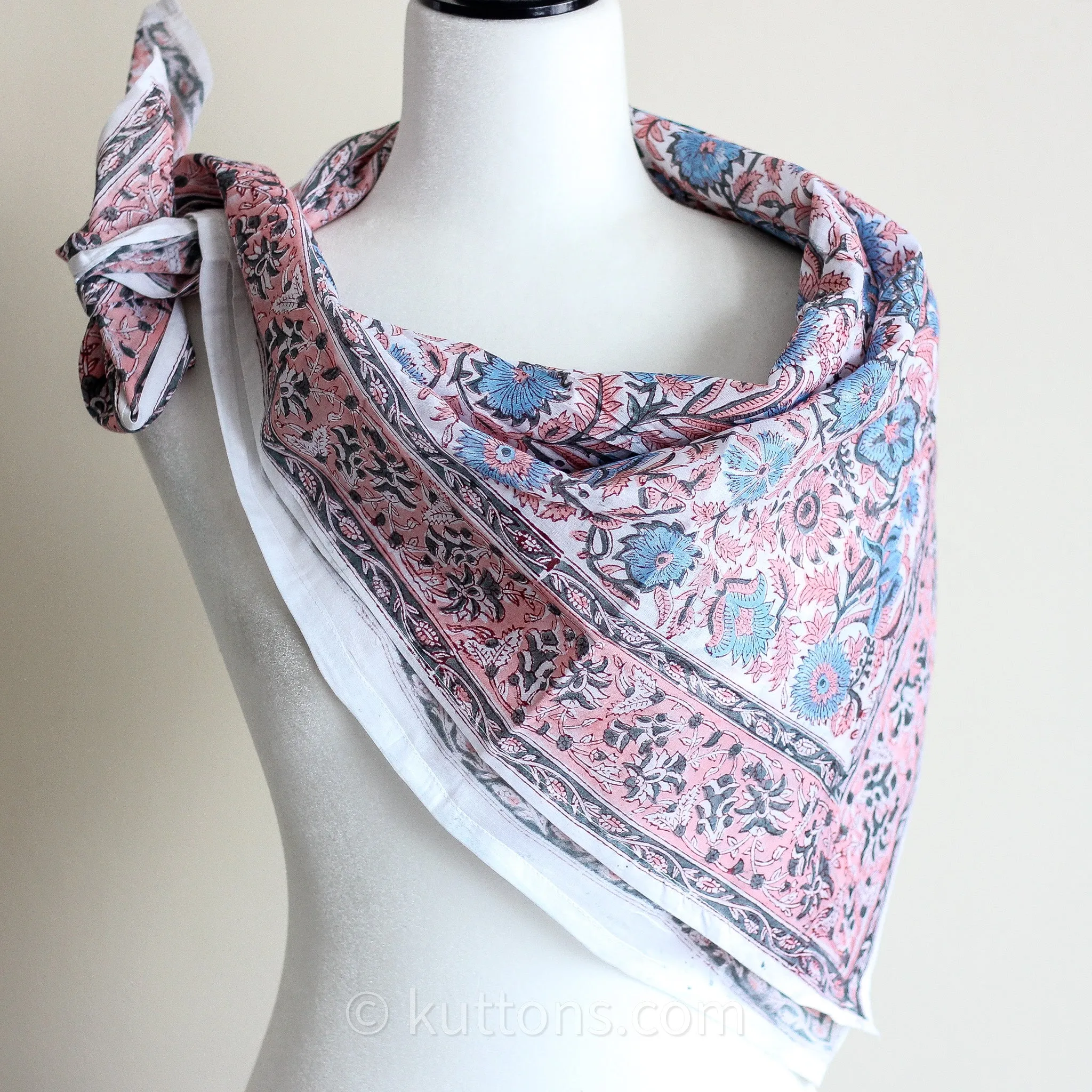 Sanganeri Hand-Block Printed Cotton Bandana - Soft, Lightweight, Airy | Pink, 42x40"