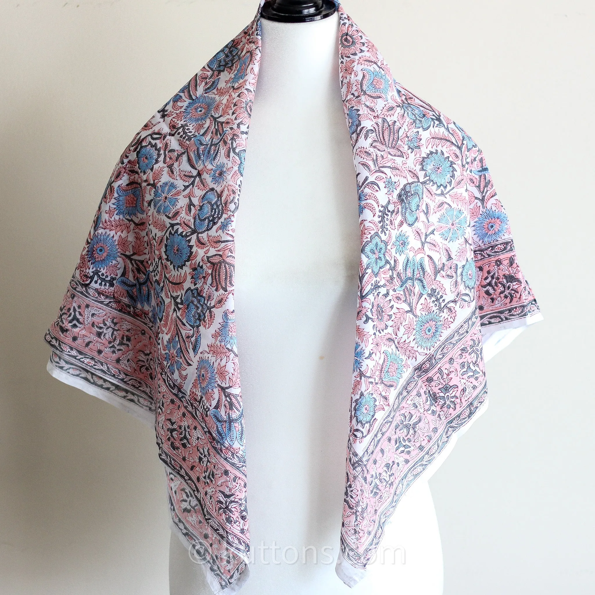 Sanganeri Hand-Block Printed Cotton Bandana - Soft, Lightweight, Airy | Pink, 42x40"